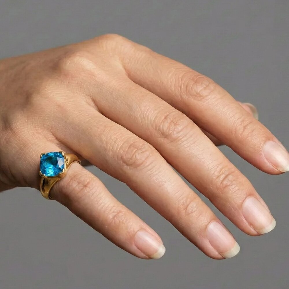 Vintage 925 Sterling Silver Gold Vermeil Statement Ring Faceted Blue Stone Sz 6 - Picture 9 of 16